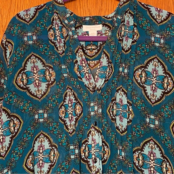 Charter Club XL-Petite Teal Paisley Blouse V-Neck Pin Tuck Pleats 3/4 sleeves - Picture 2 of 14